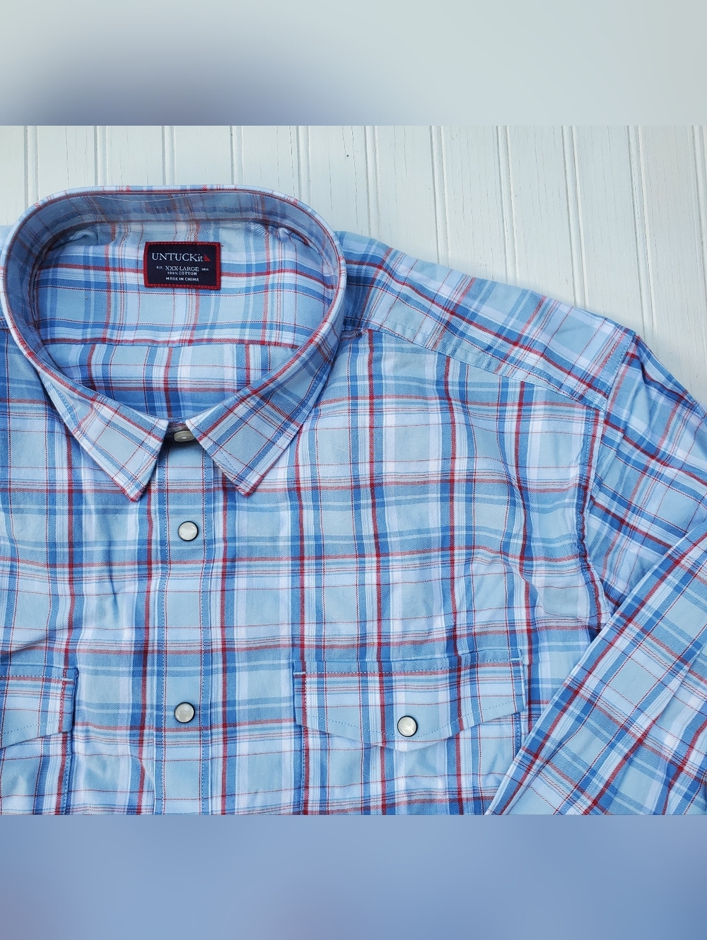 New UNTUCKit Shirt Mens 3XL Blue Red Plaid Pearl Snaps Wrinkle Free Cotton